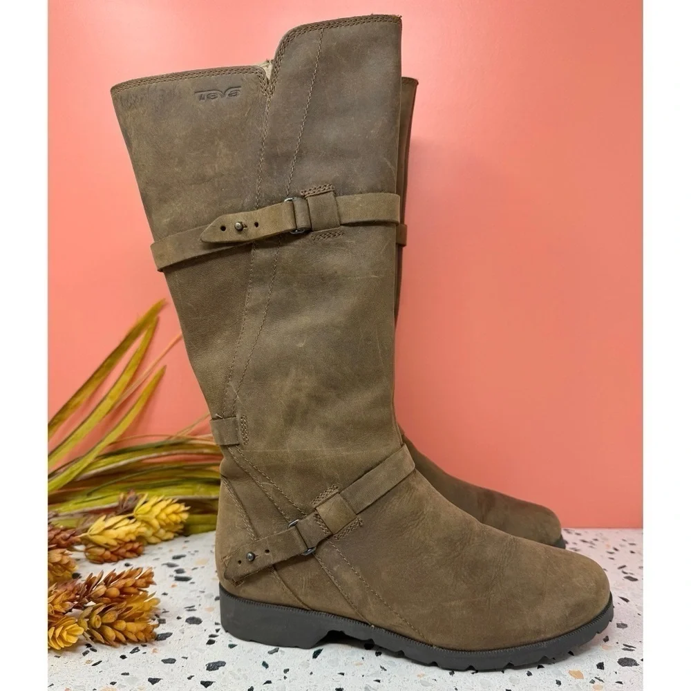 TEVA De La Vina Tall Brown Leather Riding Boots Waterproof Moto Zip Women’s Sz 6